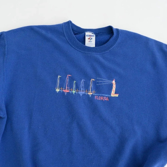 Vintage Jerzees Blue Florida Sailing  Crewneck Sweater Coastal Boating L - Picture 12 of 12